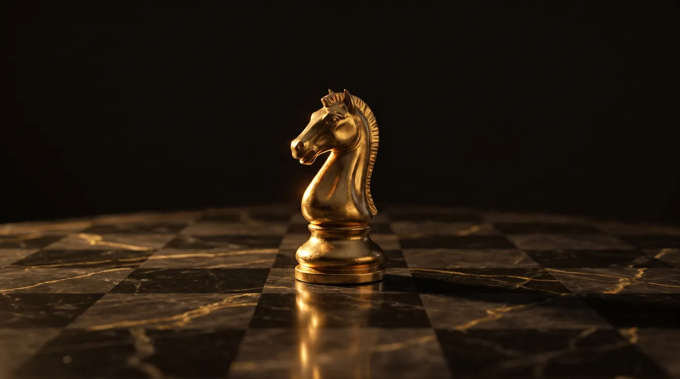 Cavalo de xadrez dourado sobre tabuleiro de mármore