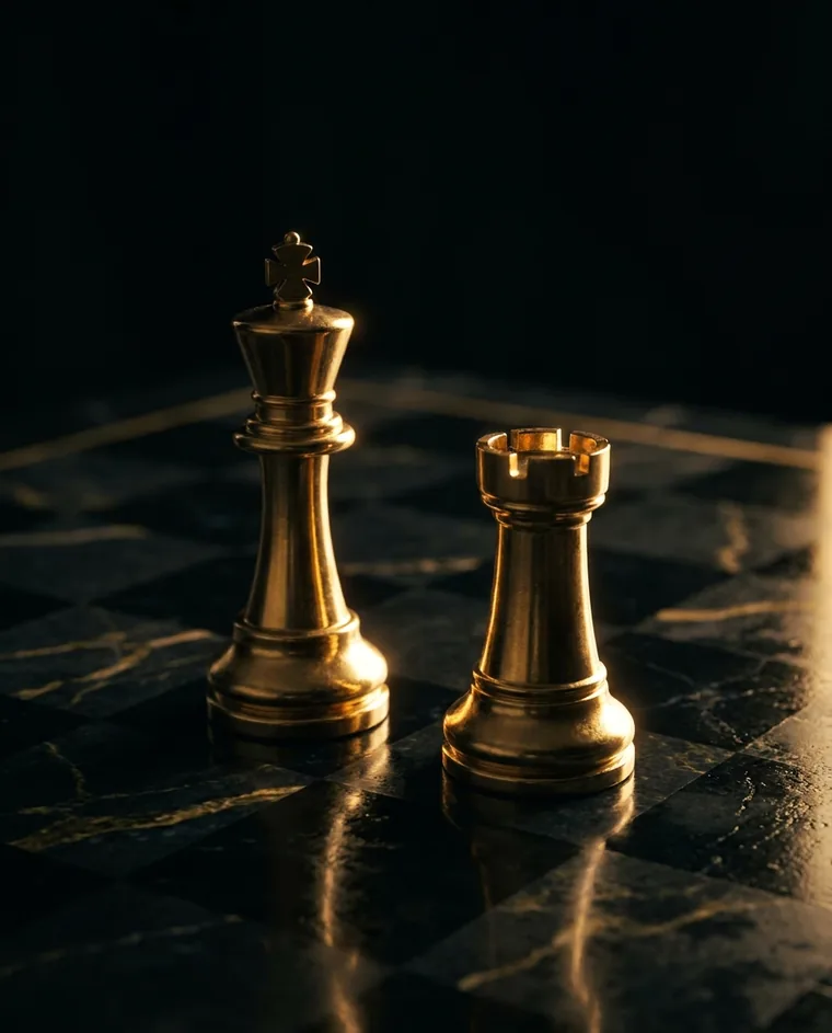 Peças de xadrez douradas — rei e torre — sobre tabuleiro de mármore, símbolo da estratégia